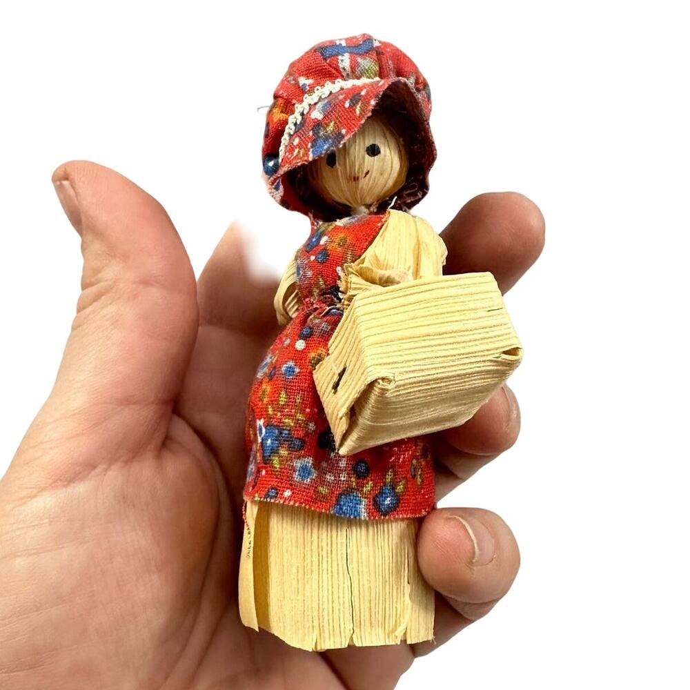 Vintage Corn Husk Doll With Bonnet Red Floral Dress Basket Hair
